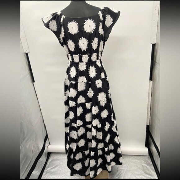 Kate Spade Pom Pom Floral Smocked Maxi Dress Sz L Black/White Excellent Cond - Picture 7 of 14
